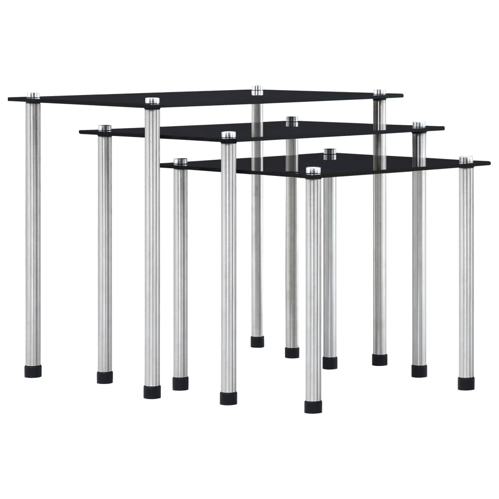Set of 3 black tempered glass tables