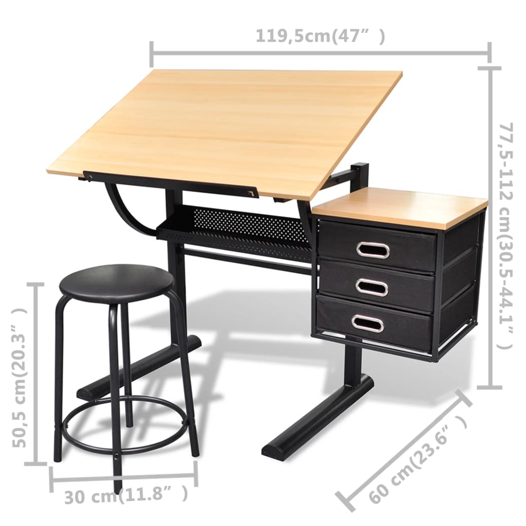 Vinklingsbart ritbord med 3 lådor och 1 pall