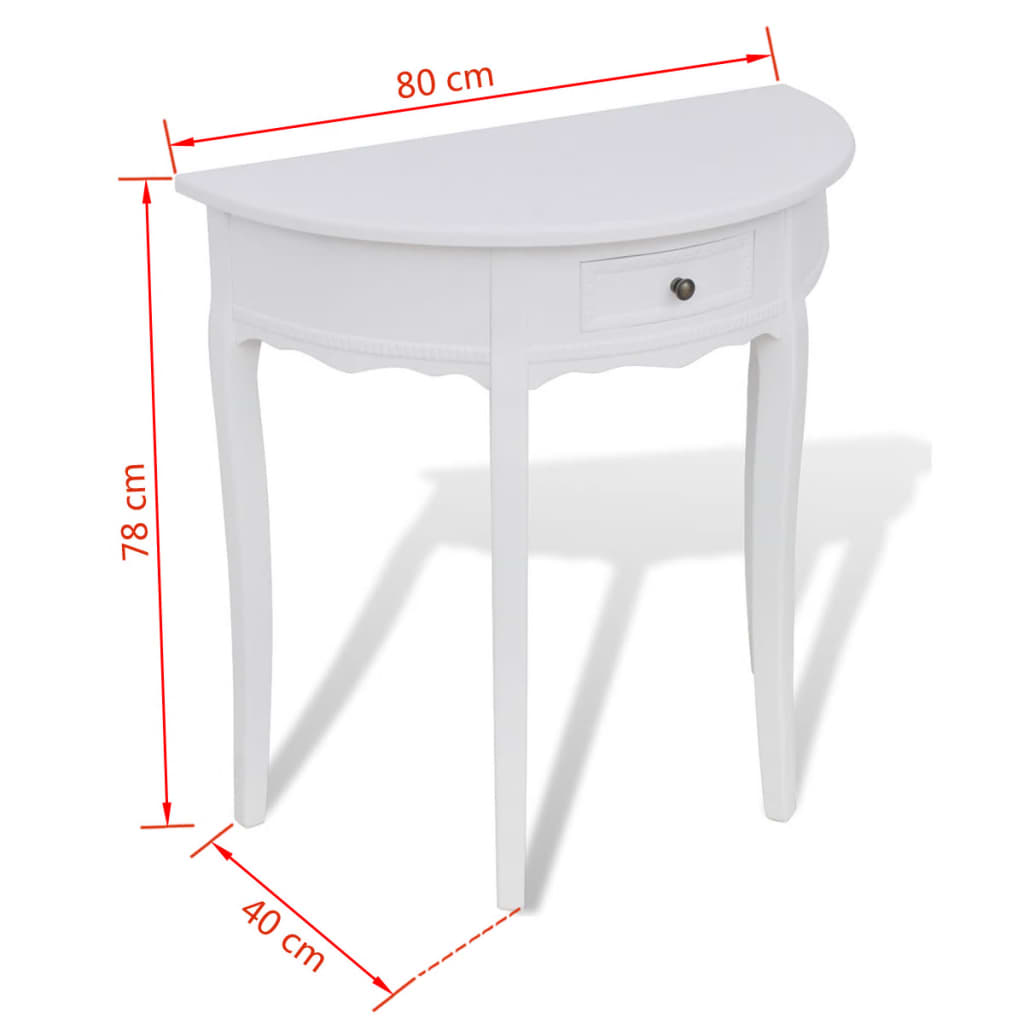Console table with drawer, half-round, white