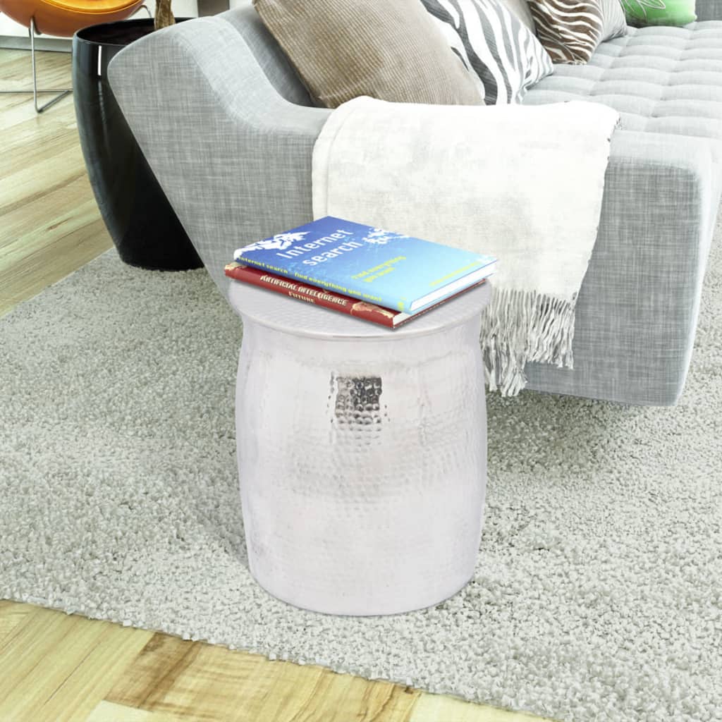 Side table/stool made of hammered aluminum silver
