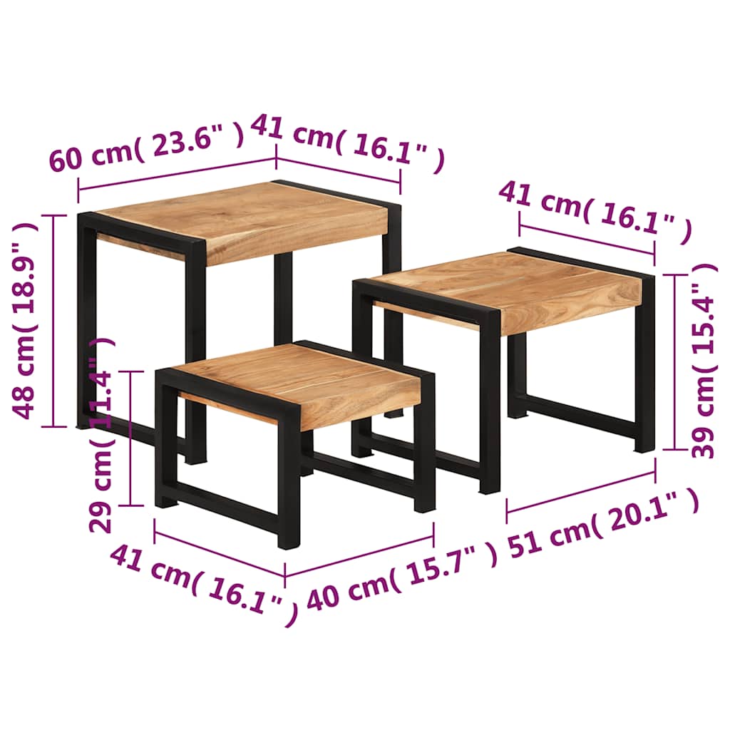 Set of 3 solid wood tables