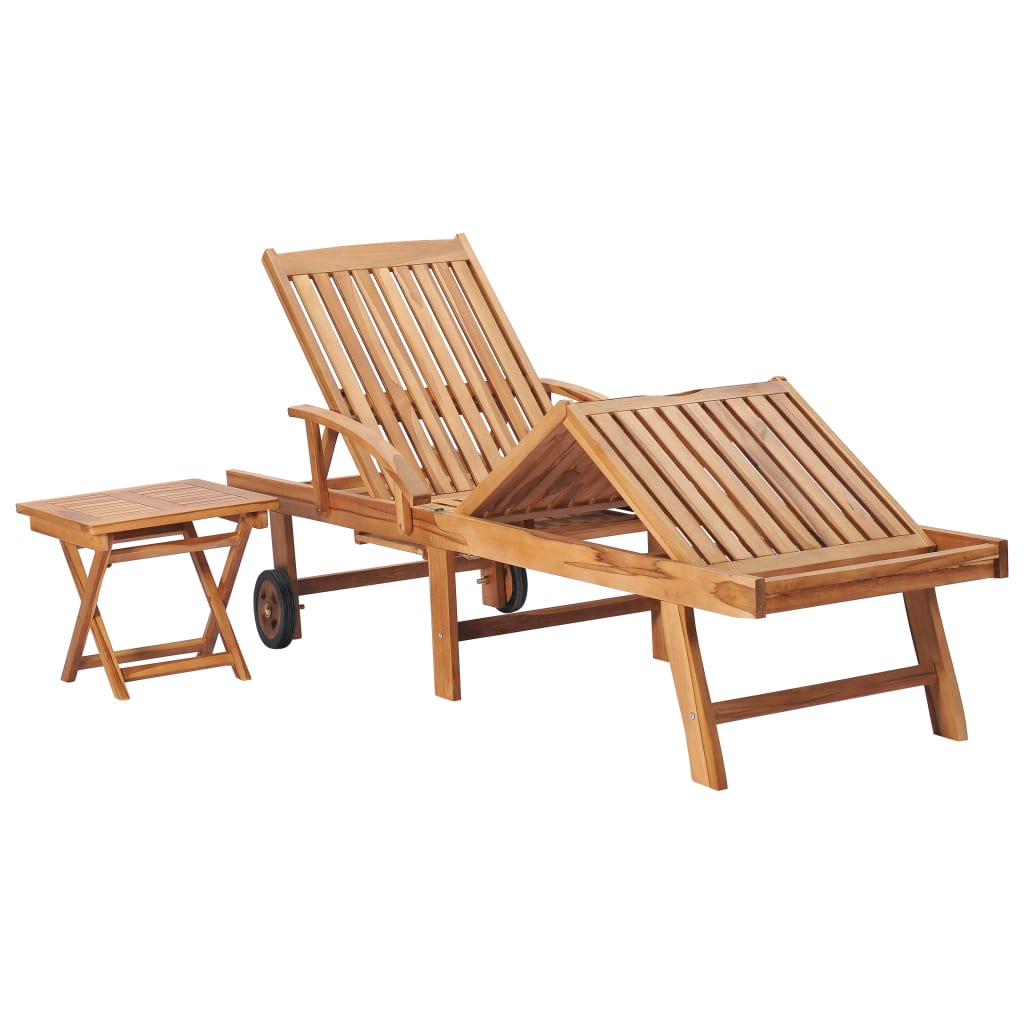 Solsäng med bord och dyna massiv teak