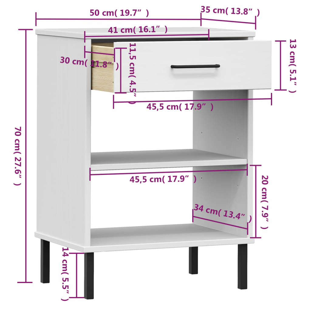 Konsolbord med metallben OSLO vit massiv furu