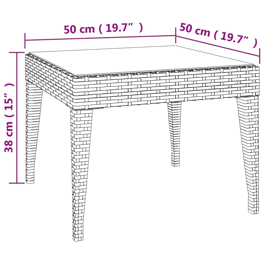 Side table brown 50x50x38 cm artificial rattan and tempered glass
