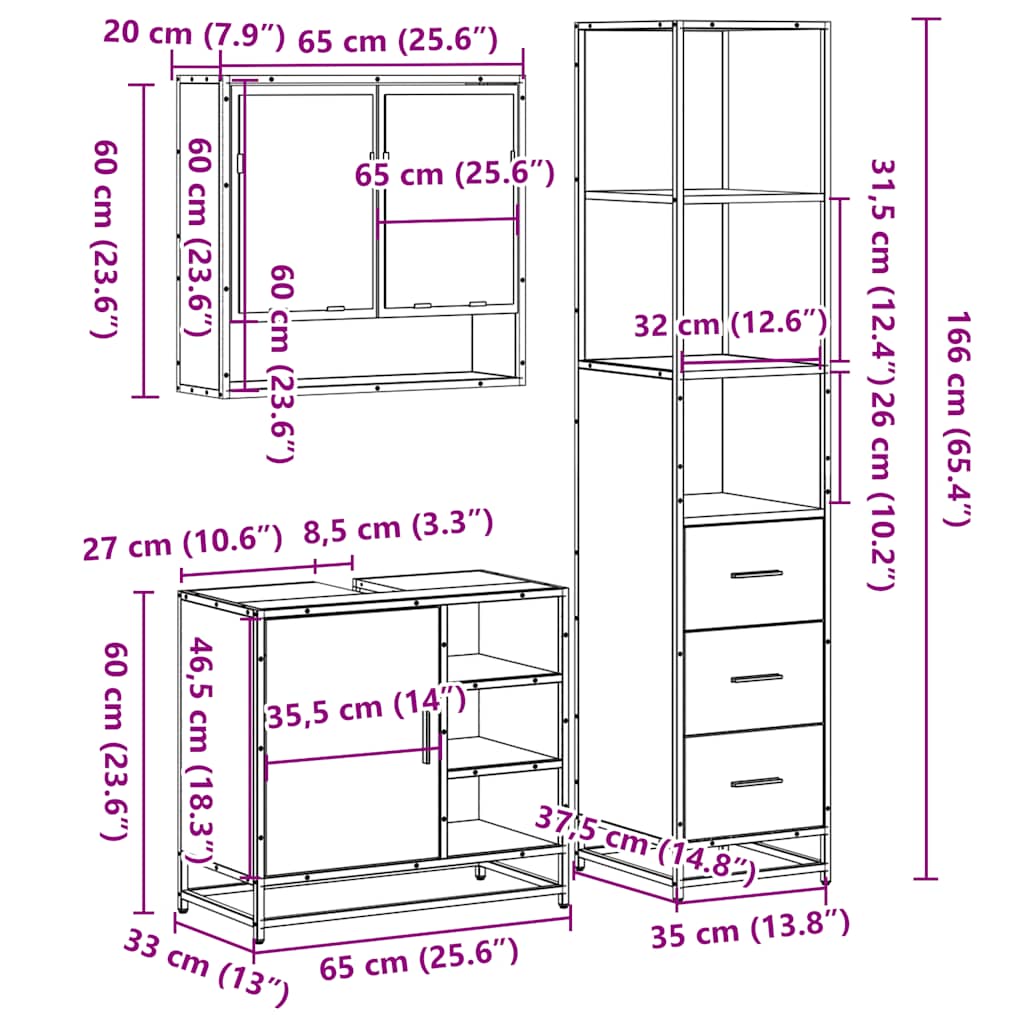 Badrumsmöbler set 3 delar Brun ek konstruerat trä