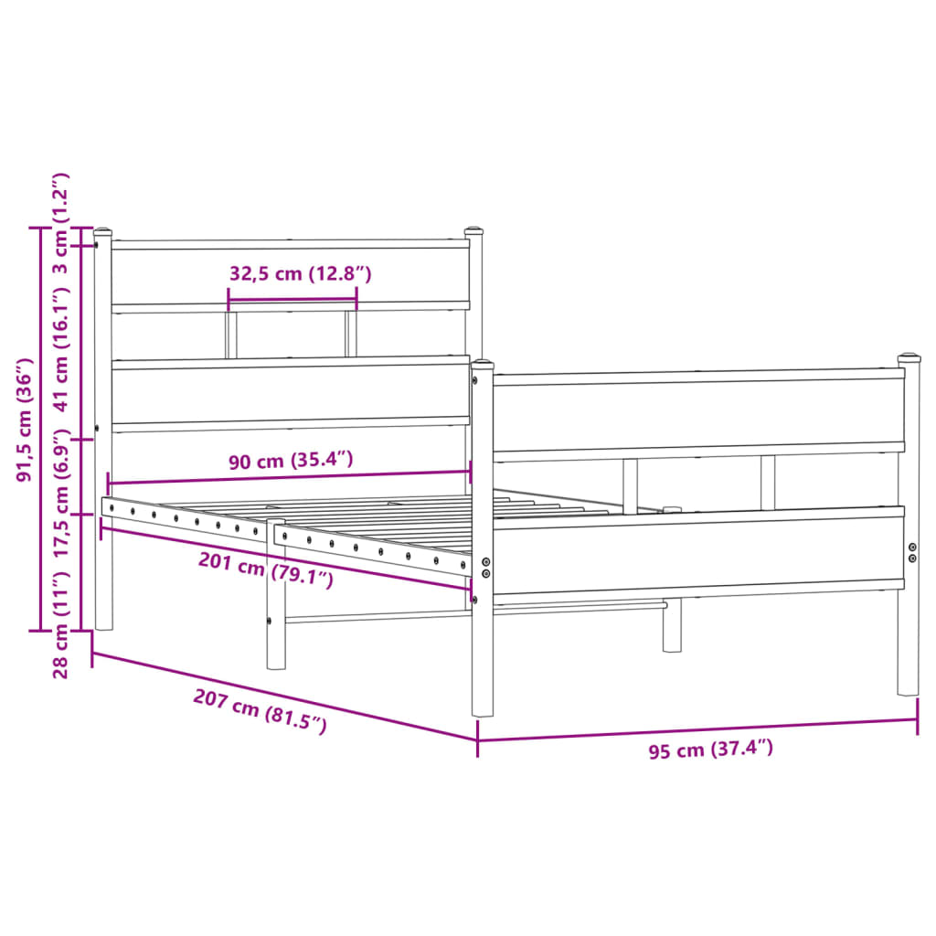 Bed frame without mattress with headboard and footboard 90x200 cm