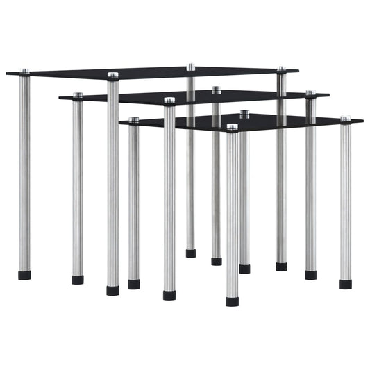 Set of 3 black tempered glass tables