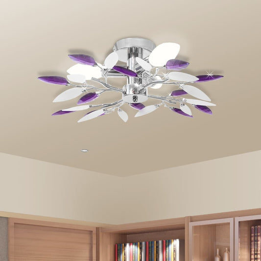 Ceiling lamp with crystal leaves in white &amp; purple for 3 bulbs E14