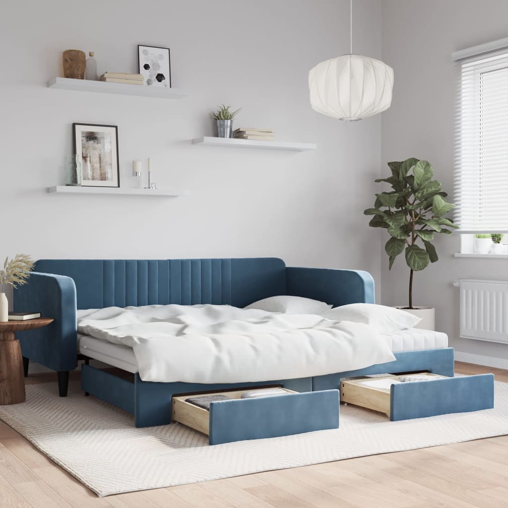 Extendable daybed with drawers blue 100x200 cm velvet