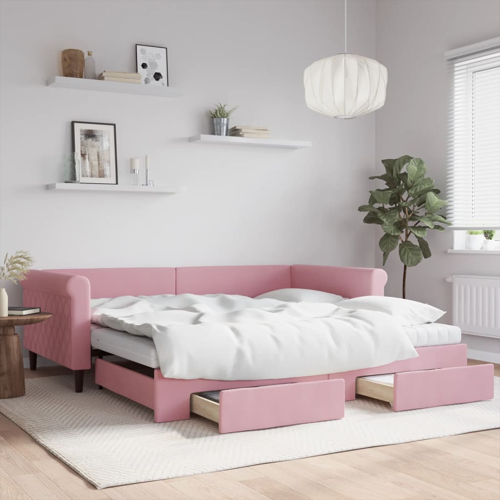 Daybed extendable with drawers pink 100x200 cm velvet