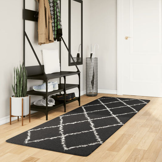 PAMPLONA long pile modern rug black &amp; cream 80x250 cm