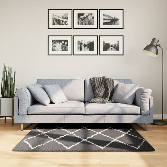 PAMPLONA long pile modern rug black &amp; cream 120x120 cm