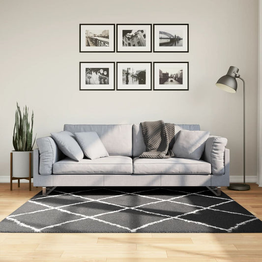 PAMPLONA long pile modern rug black &amp; cream 160x160 cm