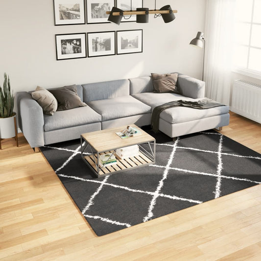 PAMPLONA long pile modern rug black &amp; cream 240x240 cm