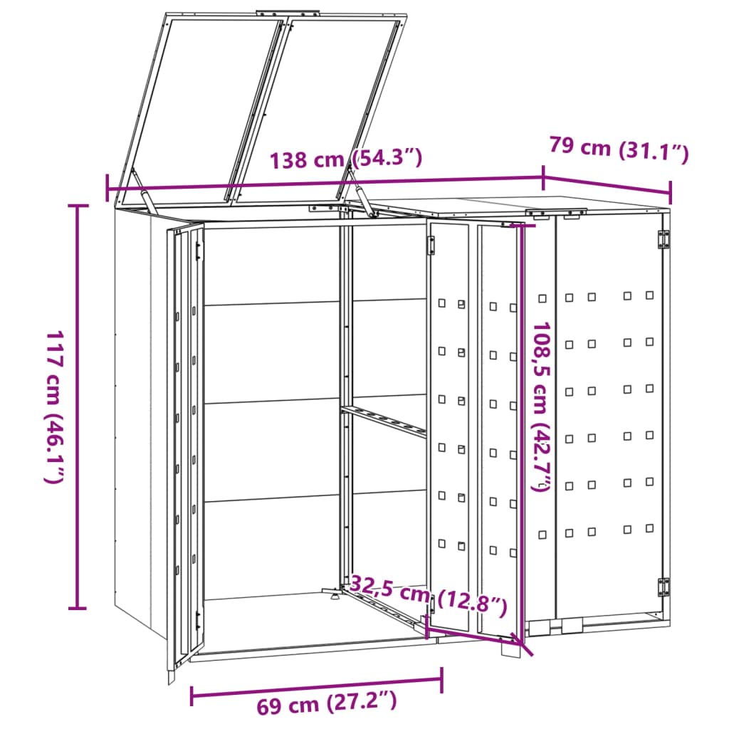 Skjul för sopkärl för 2 platser antracit 138x79x117 cm stål
