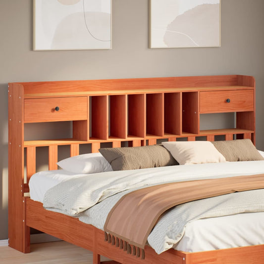 Headboard with storage wax brown 200 cm solid pine